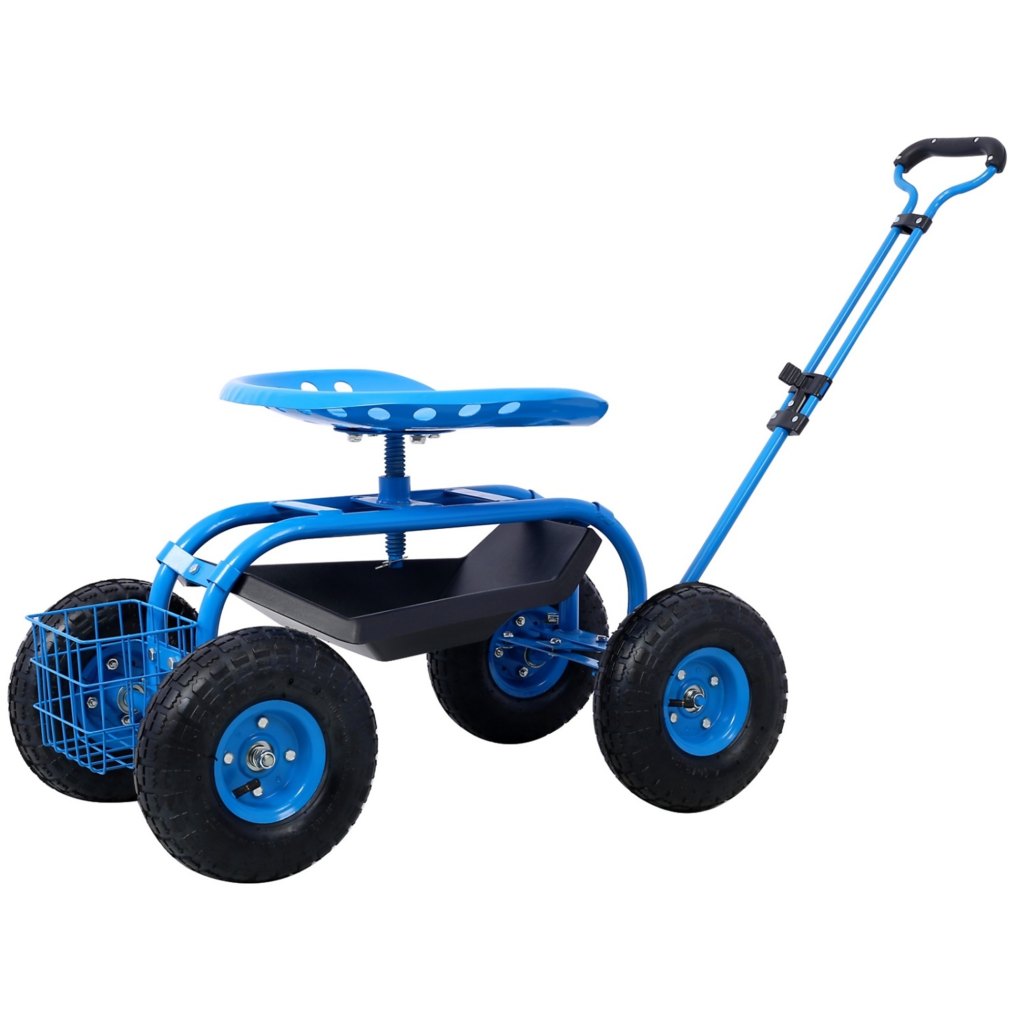 BlackTeck 360 Swivel Garden Cart Seat — Blue, Wheels, Tool Tray, Model# N2-42629